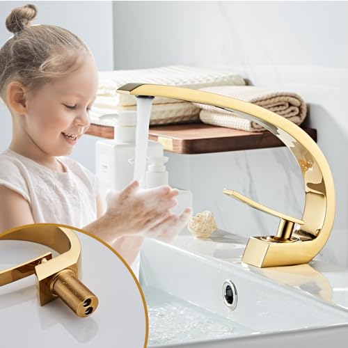 Shiny Polished Gold Bathroom Sink Faucet, Unique Design and Pop Up Drain - color: Shiny Polished Gold