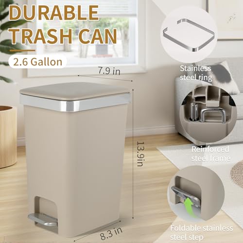 UUJOLY Small Bathroom Trash Can with Lid Step Pedal, 2.6 Gallon, Khaki | Soft-Close Sturdy Garbage Can + 3 Rolls Trash Bags, For Bathroom, Kitchen, Bedroom, Office, Dorm, Laundry, RV - color: Khaki