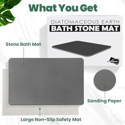 Stone Bath Mat, Diatomaceous Earth Shower Mat, Fast Drying, Super Absorbent, Anti-Slip Stone Bath Mats for Bathroom, Kitchen, Easy to Clean, (23.5"x15.5", Slate)