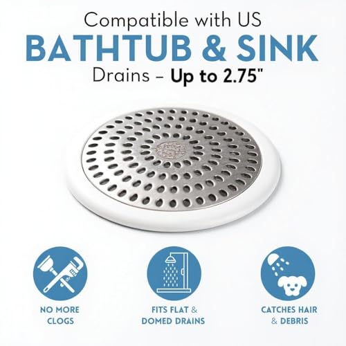 Drain Hair Catcher & Stopper Combo – Tub ShowerRing + StopRing Set for Bathtub & Sink | Stainless Steel Strainer + Silicone Drain Plug | Clog-Free, Universal Fit (White, 2 Pack) - color: White