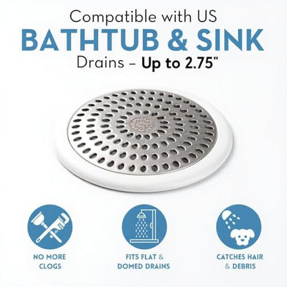 Drain Hair Catcher & Stopper Combo – Tub ShowerRing + StopRing Set for Bathtub & Sink | Stainless Steel Strainer + Silicone Drain Plug | Clog-Free, Universal Fit (White, 2 Pack) - color: White