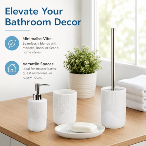 4 pcs Resin Bathroom Accessories Set,Luxury Ribbed Bathroom Decor Set | White bathroom accessory sets with Soap Dispenser, Toothbrush Tumbler, Soap Dish & Toilet Brush Holder, Easy-to-Clean Modern