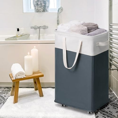Goodpick 75L Rolling Laundry Basket with Wash Bag, Laundry Hamper for Dorm | Clothes Hamper with Removable Wash Bag for Laundry Room, Large Rolling Laundry Basket with Handles, Grey & White - color: Grey & White