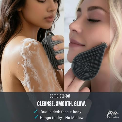 Avilana Premium Body Scrubber and Face Brush Set - Trusted Since 2017 - SGS Certified Silicone 2-in-1 Shower Kit, Dual Sided Gentle Exfoliating Loofah Alternative Sensitive Skin Women Men Gift - color: Blue, size: Body & Face