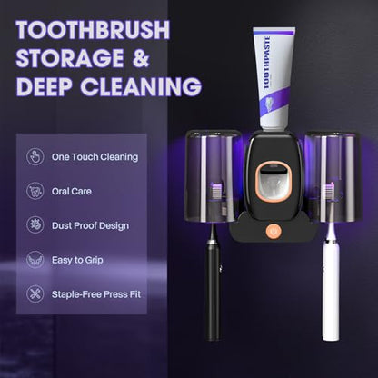 LXIANGN 3 in 1 Toothbrush Cleaner Holders,Rechargeable Wall Mounted Toothbrush Holder Toothpaste Dispenser Automatic 2 Cups Tooth Brush Holder for Bathroom, No Drilling, 4 Slots, Black - color: Black