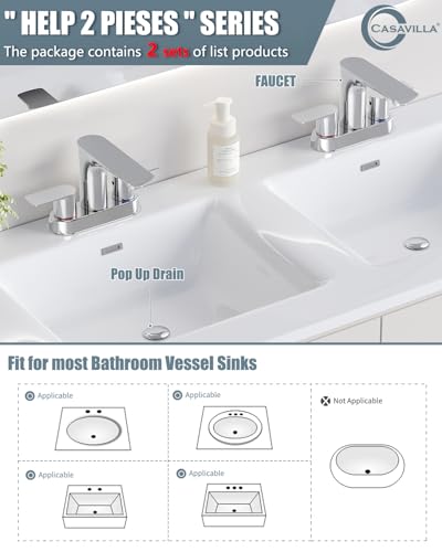 Bathroom Faucet, 4 Inch Faucet 2 Handle Bathroom Sink Faucets, Centerset Faucet for Bathroom Sink with Pop-up Drain Stopper and Supply Hoses, Farmhouse Sink Faucet - color: 2.Chrome Polished, style: 2 PCS