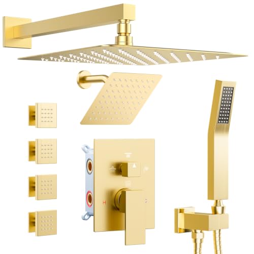 Shower Systems with 4 Body Spray Jets, STARBATH 4 Way 12+6" Rainfall Shower Head with Handheld Combo, Wall Mounted Shower Jets System in Wall Shower Faucet Sets Complete,Brushed Gold - color: Gold, size: 6"+12"-02