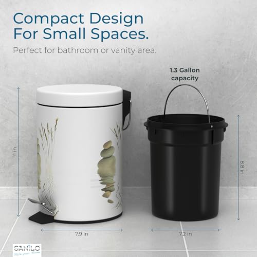 Sanilo Small Bathroom Trash Can with Lid [1.3 Gallon] - Lidded Tiny Trashcan for Garbage - Mini Metal Bin with Soft Closing Mechanism - Bath Room Accessoire Wastebin with Inner Bucket (Balance) - color: Balance