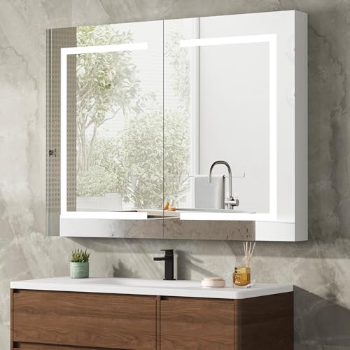 LED Medicine Cabinet with Mirror for Bathroom, Assembly-Free Lighted Medicine Cabinet, Defog, Stepless Dimming, 3 Colors, 2 Outlets, 2USB, Aluminum Wall Mounted Mirrored Cabinets, 36”Wx28“H - size: 36''W x 28''H Double Door