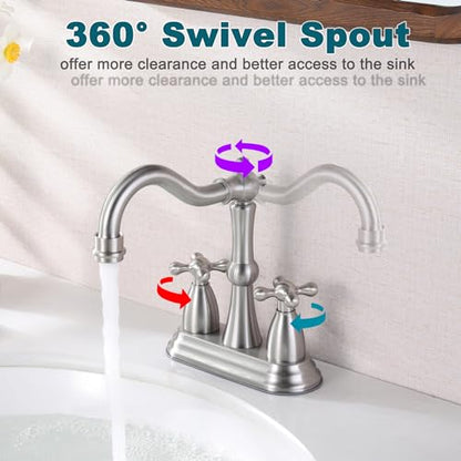 Stainless Steel Centerset Bathroom Faucet with Overflow Pop Up Drain, 3 Hole, Brushed Nickel - color: Brushed Nickel