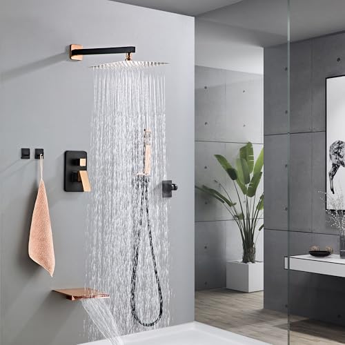 Rainfall Shower Faucet Set with Tub Spout 8 Inch Shower Head | Rain Shower and Handheld Shower System Square Wall Mount for Bathroom - color: Black＆Gold, style: 8 Inch