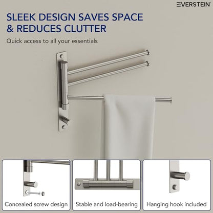 Swivel Towel Rack, Brushed Nickel, 12.5 in, 3-Arm Towel Bar | 304 Stainless Steel, Space Saving, Wall Mounted, With Hook - color: Brushed Nickel