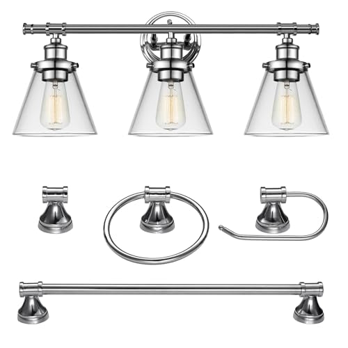 Globe Electric 51234 5-Piece All-in-One Bathroom Set, Chrome, 23" 3-Light Vanity Wall Light with Clear Glass Shades, Towel Bar and Ring, Robe Hook, Toilet Paper Holder, Beauty Room Accessories - color: Chrome, Parker
