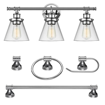 Globe Electric 51234 5-Piece All-in-One Bathroom Set, Chrome, 23" 3-Light Vanity Wall Light with Clear Glass Shades, Towel Bar and Ring, Robe Hook, Toilet Paper Holder, Beauty Room Accessories - color: Chrome, Parker