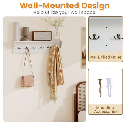 GIANTEX Coat Rack Wall Mount, 31.5" Wooden Coat Hooks with Shelf, White | Wall Clothes Rack w/ 6 Dual Hooks for Hats Towels Purses Robes, Floating Display Shelf for Living Room Bedroom Entryway - color: White