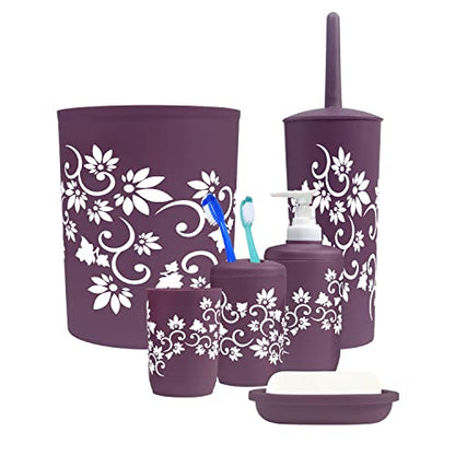 Blue Donuts Bathroom Accessories Set Complete, Toilet Brush and Holder, Trash Can, Toothbrush Holder, Purple, 6 Pieces