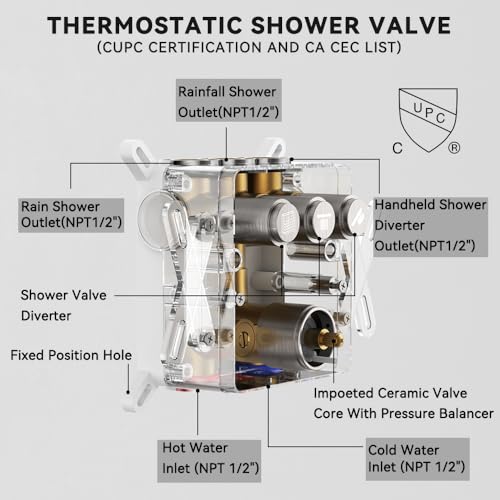 Shower Faucets Sets Brushed Nickel Shower System,12" Ceiling Rainfall Shower and 6" Wall Mount with 2 in 1 Handhled, Can Use All at Once, Thermostatic Shower Set with Valve and Trim Kit - color: Brushed Nickel, size: 6+12 inch-11