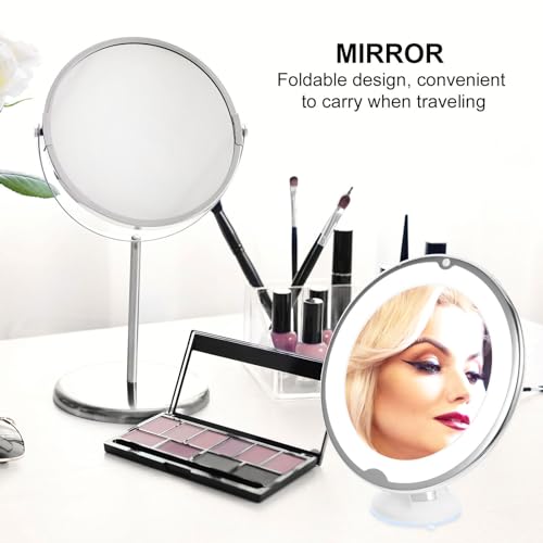 INOOMP 10x Lighted Rotating Makeup Mirror with Suction Cup, 360-degree LED Magnifying Cosmetic Mirror for Home Vanity and Travel Use