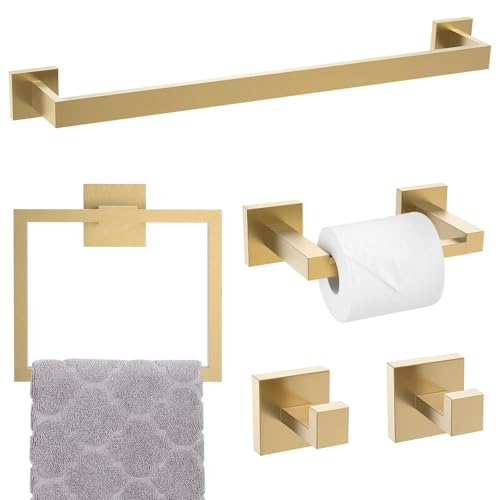 5-Piece Towel Bar Set Brushed Gold Bathroom Hardware Accessories Set Includes Upgraded Double Base Toilet Paper Holder,Modern Square Towel Holder Set Stainless Steel Wall Mount 23.6 Inch - color: 5-pcs Gold