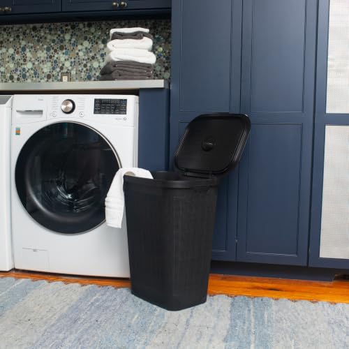 Mind Reader 60L Slim Laundry Hamper, Clothes Basket, Lid, Linen Design, Plastic, Black - color: Black
