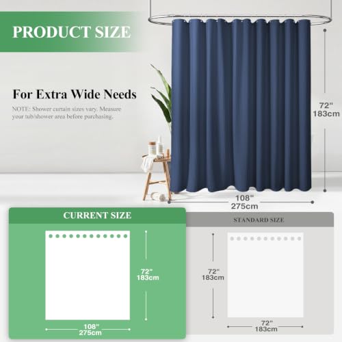 Extra Wide Waffle Shower Curtain 256 GSM Fabric 108x72 Navy Blue | 108 Inch Wide, Thick Polyester Cloth, Weighted Hem, Water Repellent, Washable, Hotel Shower Curtain Set for Bathroom 18 Hooks - color: Navy Blue, size: 108"W x 72"L (Pack of 1)