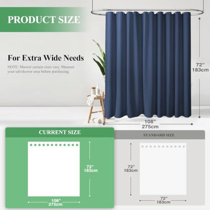 Extra Wide Waffle Shower Curtain 256 GSM Fabric 108x72 Navy Blue | 108 Inch Wide, Thick Polyester Cloth, Weighted Hem, Water Repellent, Washable, Hotel Shower Curtain Set for Bathroom 18 Hooks - color: Navy Blue, size: 108"W x 72"L (Pack of 1)