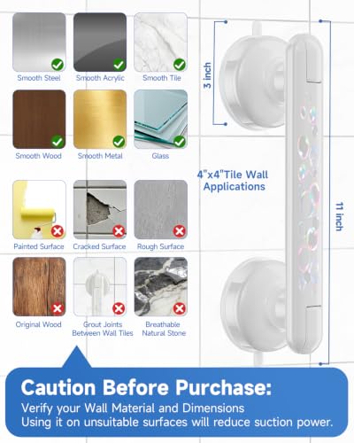Suction Shower Handle, 2 Pack Grab Bars for Shower and Bathroom | Removable Safety Grip No Drilling & Waterproof, Heavy Duty Suction Cup Bath Handrails Grab Bars for Bathtubs, 11 in - Bubble - color: White - Bubble