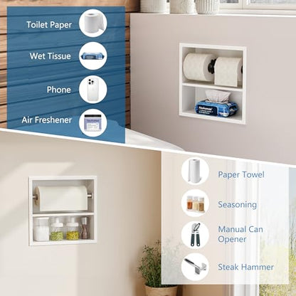 Neodrain White Recessed Toilet Paper Holder,Double Layer Wet Tissue Holder | Space-Saving Wall Niche Cabinet Storage, Rustproof & Durable,For Bathroom, Kitchen & Vanity - color: White