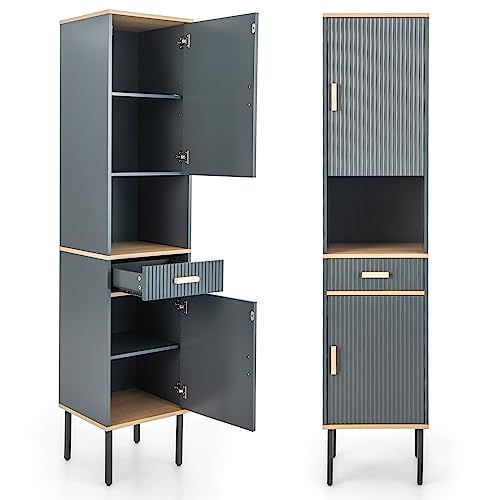 Tangkula Tall Bathroom Cabinet, Freestanding Storage Cabinet w/Doors Cabinet, Open Compartment & Drawer, Narrow Tower w/ 3-Position Adjustable Shelves, Anti-toppling Device & Metal Legs