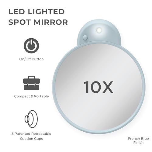 Zadro Magnification Lighted Compact Mirror with LED Light & Retractable Suction Cups – Travel Makeup Mirror, Cool White 6400K Lighting, Battery Operated, Made in USA (French Blue, 10X | 4.3"L x 3.5"W) - color: French Blue