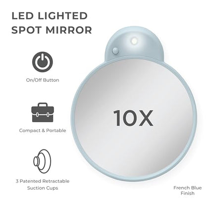 Zadro Magnification Lighted Compact Mirror with LED Light & Retractable Suction Cups – Travel Makeup Mirror, Cool White 6400K Lighting, Battery Operated, Made in USA (French Blue, 10X | 4.3"L x 3.5"W) - color: French Blue