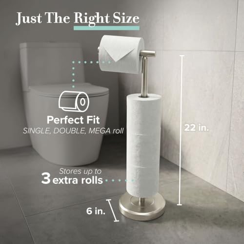 Gatco 1448SN Latitude II Freestanding Toilet Paper Holder with Storage, 22.25-Inch H, Holds 1–4 Reserve Rolls, Weighted Base, Satin Nickel - color: Satin Nickel