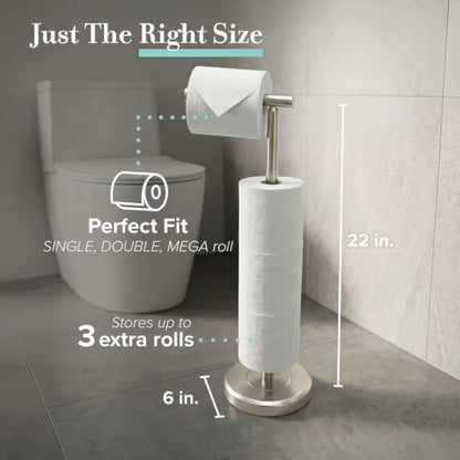 Gatco 1448SN Latitude II Freestanding Toilet Paper Holder with Storage, 22.25-Inch H, Holds 1–4 Reserve Rolls, Weighted Base, Satin Nickel - color: Satin Nickel