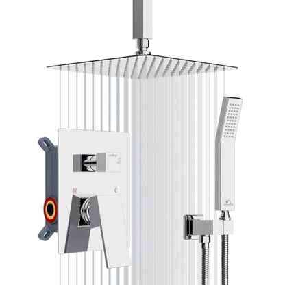 SunCleanse Rainfall Shower Faucet Set with High Pressure in Polished Chrome | Ceiling mounted shower combo set featuring a 10" square rain head, handheld spray, and rough-in mixer valve with trim. - color: Polished Chrome, style: 10-ceiling