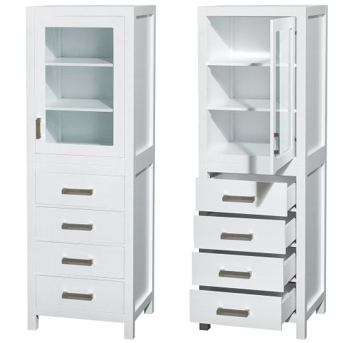 Wyndham Collection Sheffield 24 inch Linen Tower in White with Shelved Cabinet Storage and 4 Drawers - color: White With Brushed Chrome Trim