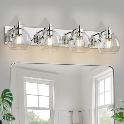 4 Light Bathroom Light Fixtures-Chrome Bathroom Vanity Lights, Modern Vanity Lights 4-Light Bathroom Lighting Fixtures Over Mirror with Clear Glass Globe Shade - color: Polished Chrome, size: 4-Light