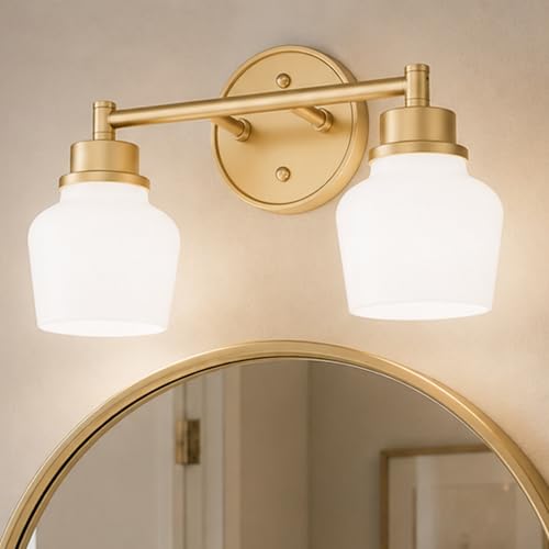 Emak Modern Gold Bathroom Light Fixtures, 2-Light Vanity Lights with Milk Glass Shade for Bathroom, Mirror, VL122-GD-ML-2 - color: Gold & White Glass, size: 2 Light