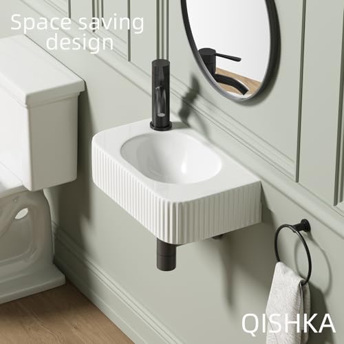 Wall Hung Bathroom Sink, QISHKA 17.5" X 11" Rectangular Floating Ceramic Wash Hand Basin White Wall Mount Vessel Sink for Small Bathroom and Small Cloakroom - size: 17.5" x 11" x 4.7"