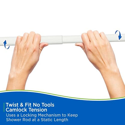 Kenney - Twist & Fit Cam-Lock Tension Shower Curtain Rod, 1" Diameter Durable Metal Construction, Adjustable 24"–40", No-Tools Installation, Secure Hold for Standard Showers, White
