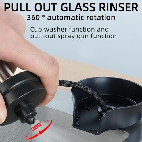 POCREATION Automatic Glass Washer Cup Rinser, 360 Degree Rotating Spout Sink Accessory Stainless Steel Bottle Washer for Bottles, Cups, Utensils Black ABS Basin (US 9/16 Hose)