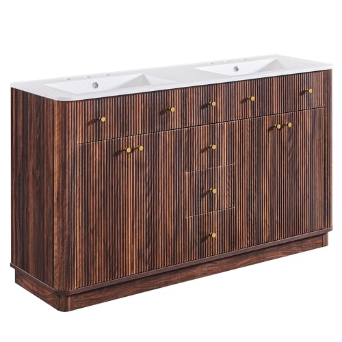 T4TREAM 60" Fluted Bathroom Vanity with Double Sink, Dark Walnut | Integrated Resin Sink, 2 Large Storage Cabinets, Adjustable Shelf, 3 Drawers, Three pre-drilled faucet holes, Mid-Century - color: Dark Walnut, size: 60" (Bouble Sink)