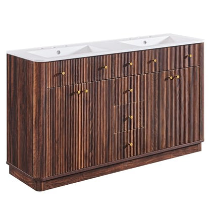 T4TREAM 60" Fluted Bathroom Vanity with Double Sink, Dark Walnut | Integrated Resin Sink, 2 Large Storage Cabinets, Adjustable Shelf, 3 Drawers, Three pre-drilled faucet holes, Mid-Century - color: Dark Walnut, size: 60" (Bouble Sink)