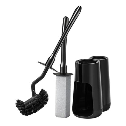 Toilet Brush and Holder Set with Pumice Stone Toilet Bowl Cleaner | Long-handle Scrubber with Ventilated Holder and Pumice Stone for Hard Water Stains, Limescale and Toilet Rings - color: Black
