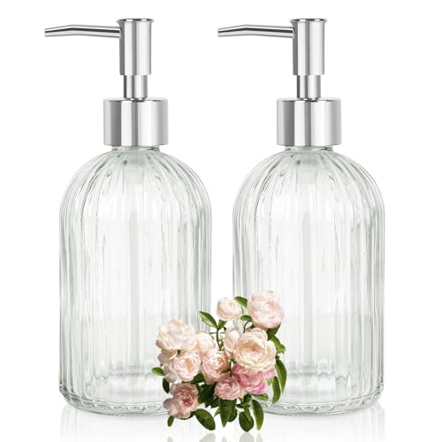 Glass Soap Dispenser with Plastic Pump, Hand Soap Dispenser for Hand Wash, Lotion Dispenser for Dishwashing Liquid, Lotion Shower Gel (Striped Transparent) - color: Striped Transparent