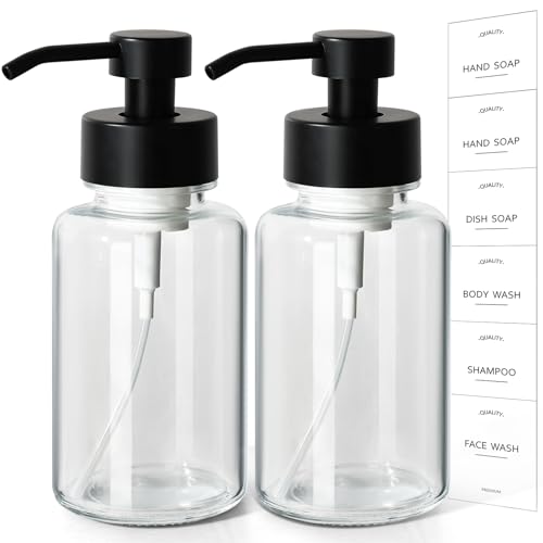 Foaming Hand Soap Dispenser, 14.1 oz/400ml Foaming Soap Dispenser, 2 Pack Glass Foaming Dispenser for Bathroom & Kitchen, Clear Refillable Liquid Dispenser Bottle with Waterproof Labels - color: Clear Bottle+black Pump