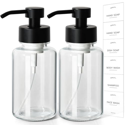 Foaming Hand Soap Dispenser, 14.1 oz/400ml Foaming Soap Dispenser, 2 Pack Glass Foaming Dispenser for Bathroom & Kitchen, Clear Refillable Liquid Dispenser Bottle with Waterproof Labels - color: Clear Bottle+black Pump