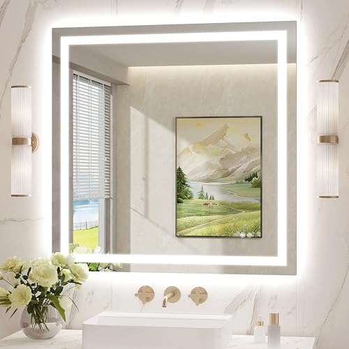 LED Mirror for Bathroom 36x36 Lighted Bathroom Vanity Mirrors with Lights, Brighter Frontlit and Backlit Anti-Fog Mirror, Tempered Glass, Dimmable 3 Colors Light Modes, Memory Function - size: 36"L x 36"W