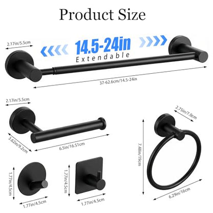 Tudoccy 10-Piece Matte Black Bathroom Hardware Set, Adjustable Bar | SUS304 stainless steel wall-mounted towel bar adjusts 14.5 to 24 inches for flexible bathroom install - color: Black, size: Adjustable 14.5-24 Inch 10 pcs