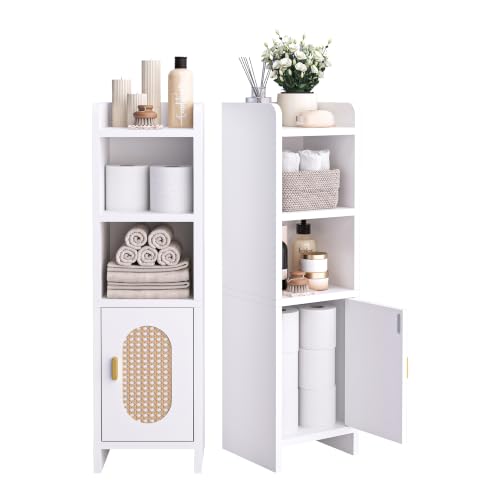 Small Bathroom Storage Cabinet, Narrow and Slim Storage Cabinet with Rattan Door and Adjustable Shelves, Corner Floor Bathroom Organizers and Storage for Small Space, White HSC001W - color: White