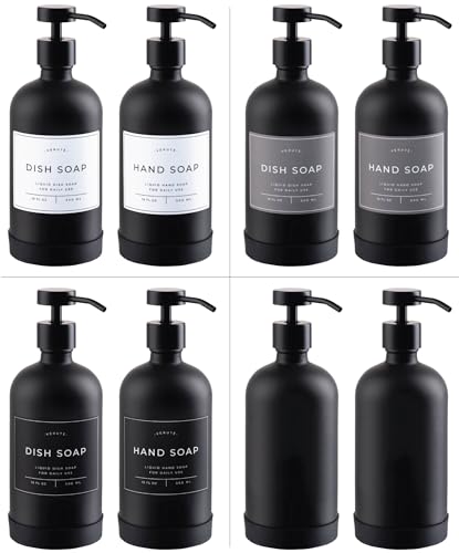 Hand and Dish Soap Dispenser for Kitchen and Bathroom, Set of 2 16 Oz Glass Bottles, Stainless Steel Pumps, Non-Slip Silicone Base, 27 Waterproof Labels (Matte Black Bottle/Black Pump) - color: Matte Black Bottle / Black Pump